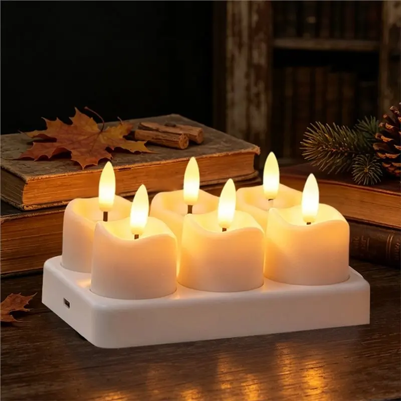 T21C 4/6PCS LED Tea Light Candles Rechargeable Flameless Candles Home Decor Flickering Electronic Candle Lamp