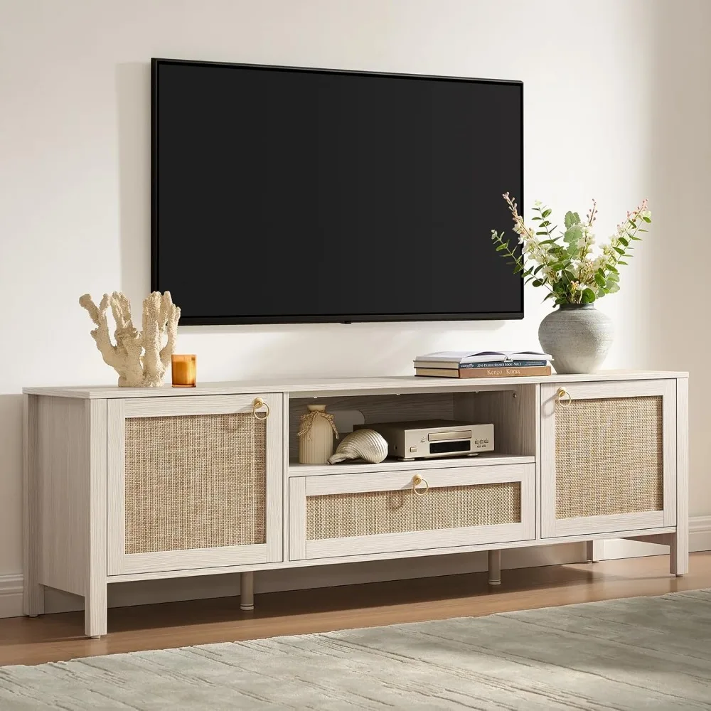 Rattan TV Stand for 75 Inch Screens with Drawer and Storage Cabinets Low Profile Media Console in White