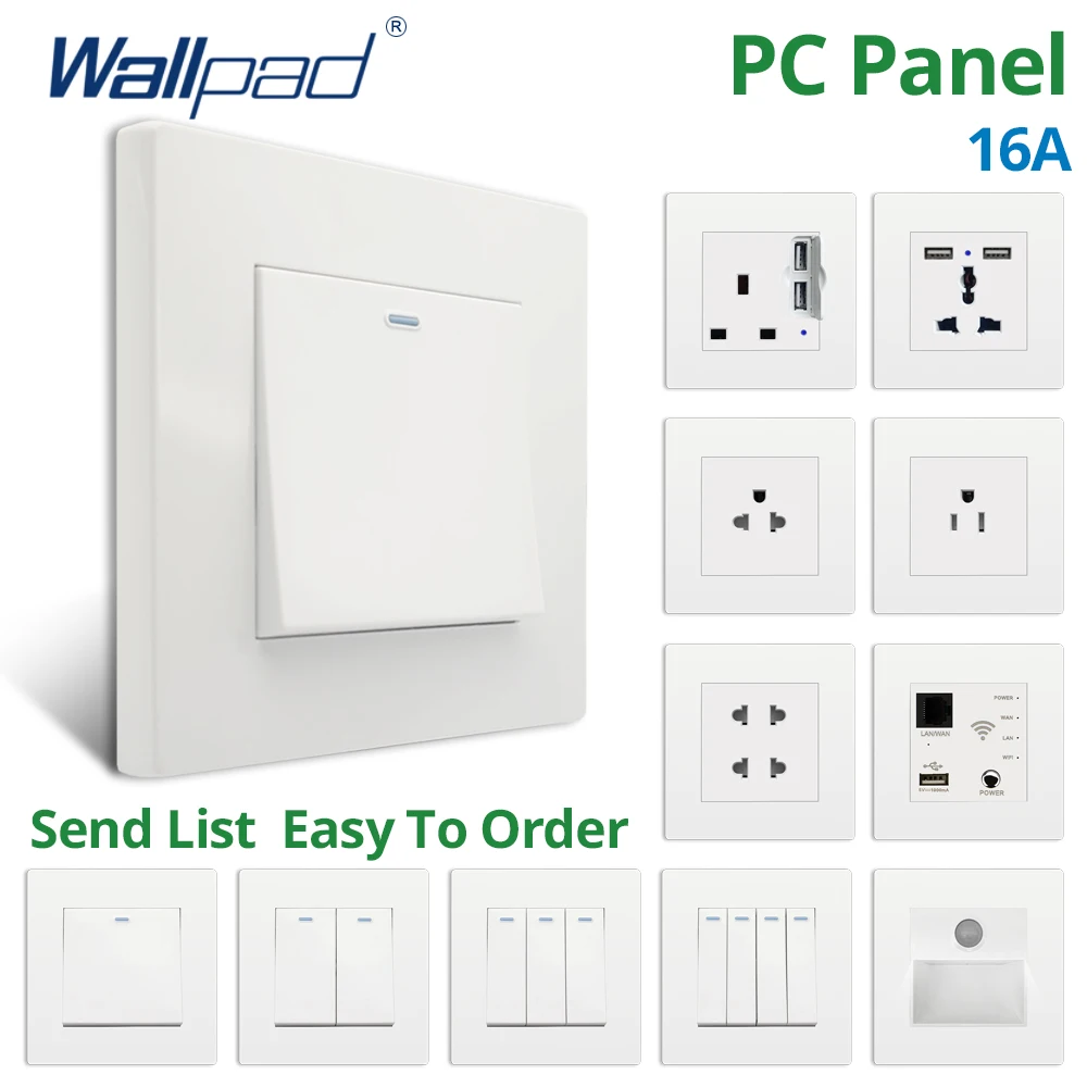 Wallpad Wall White PC Panel UK US Electrical Outlets And Switches 1/2/3/4 Gang 1 2 3 Way Momentary Contact AC 220V