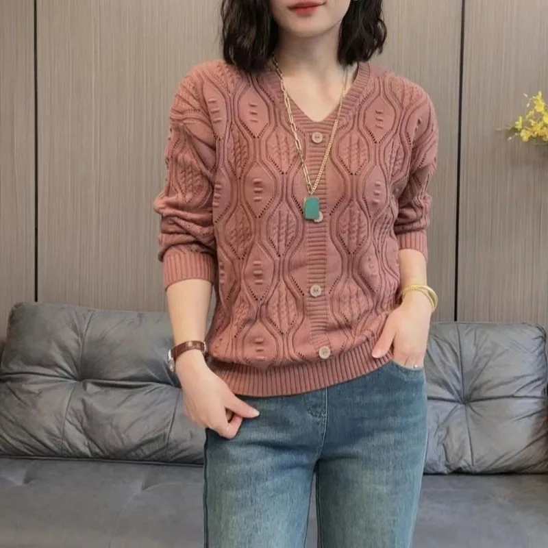 Women's Spring Autumn New Commute Fashion V-neck Hollowed Out Solid Color Versatile Long Sleeve Loose Pullover Knitted Tops