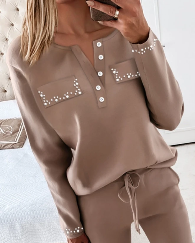 Elegant Womens Two Piece Sets Outfit Round Neck Beaded Top & Drawstring Pants Set 2023 Autumn Winter Spring New Fashion Casual