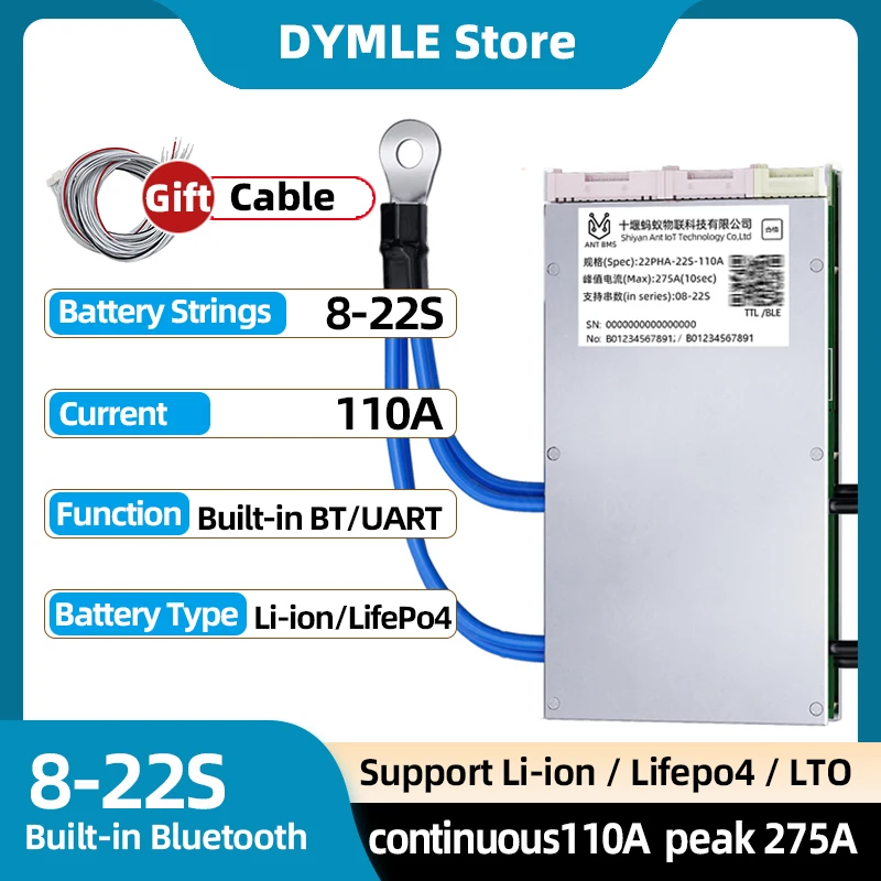 

ANT Smart BMS 8S 10S 12S 13S 14S 15S 16S 17S 18S 19S 20S 22S Li-ion Lifepo4 Lto Battery 24V 36V 48V Continuous 110A peak 275A