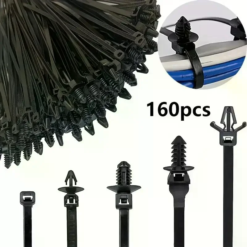 160PCS Car Wire Harness Fastener Tie Wrap Cable Clamp Clips Cable Ties Management Auto Wire Organizers For Auto Corrugated Pipe