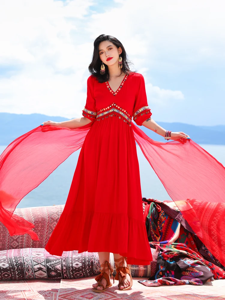 Ele Long Red Dr Skirt for Women Desert Ethnic Sle Photoaphy Tourist Wear V-Ne High Waist Polyester Fiber