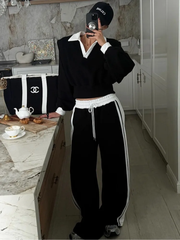 Conjunto de ropa deportiva informal para mujer, sudadera de invierno con Color lateral, pantalones largos, traje con cuello versátil