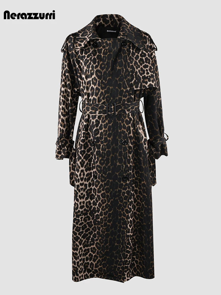 Nerazzurri Autumn Extra Long Oversized Leopard Print Trench Coat for Women with Back High Slit Double Breasted European Fashion