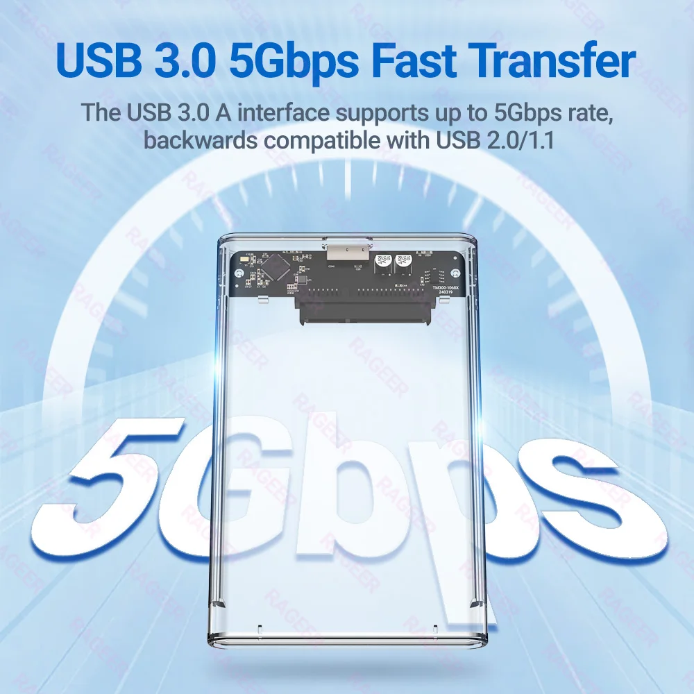 RAGEER Tool- free Transparent 2.5 Inch External Hard Drive Enclosure - Fast 5Gbps Micro-B to USB 3.0  SATA HDD Adapter Case