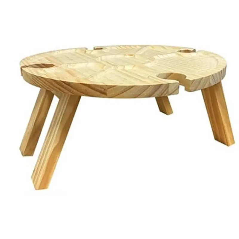 A67P-Wooden Folding Picnic Table With Wine Glass Holder - Portable Creative 2 In 1 Wine Glass Rack & Compartmental Dish