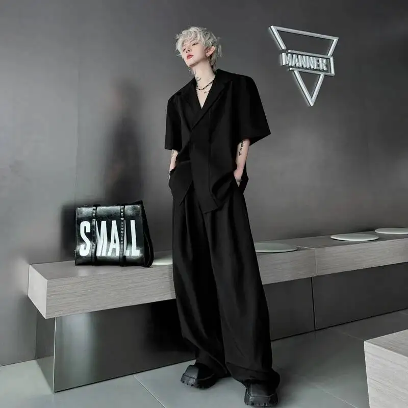 New Black Summer Men's Suit Two Pieces Sets Notched Collar Loose Short Sleeve Shirt And Casual Wide Leg Pants OXYC view 2