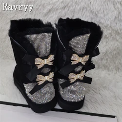 Bling Rhinestones Butterfly Knots Sweet Women Boots Brand Design Luxury Wool Winter Outdoor Warm Mid Calf Snow Boots