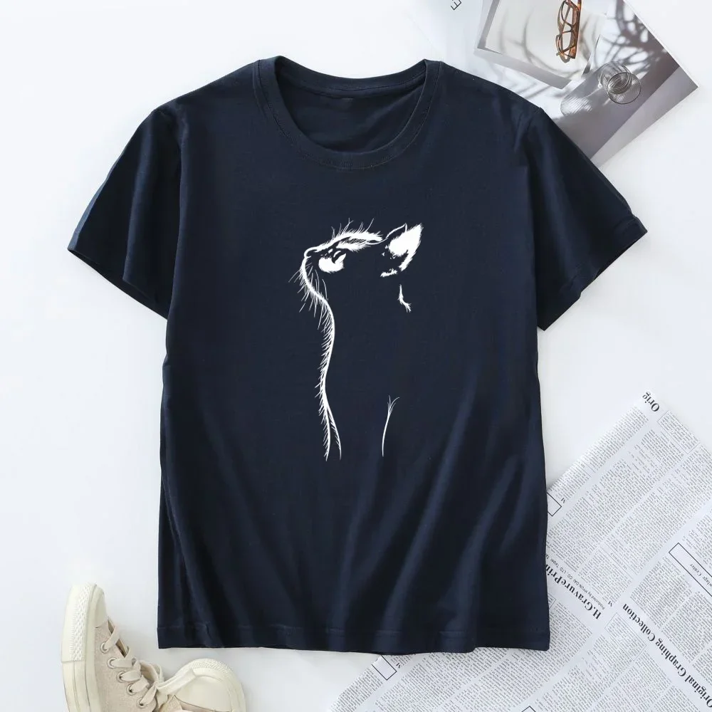 T-shirt à manches courtes pour femmes, 100% coton, grande taille, vêtements d'été pour femmes, à la mode, avec image de chat