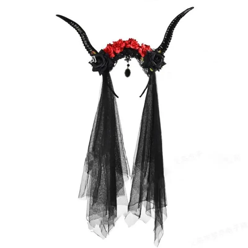 

652F Gothic Sheep Horn Headband Flower Decor Forests Animal Photography Props Devil Cosplays Costumes Halloween Hair Hoop
