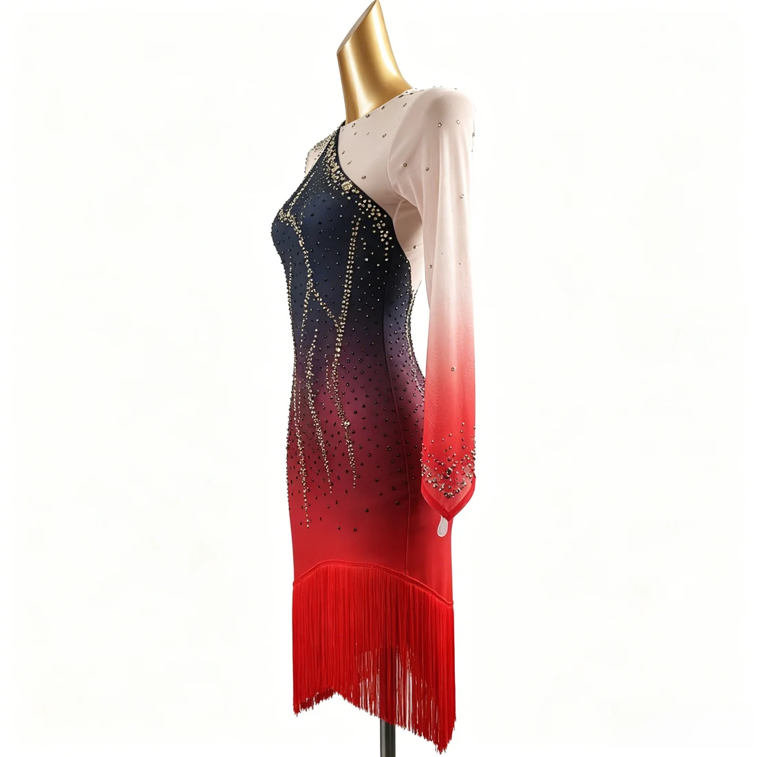 Professional Latin Dance Test Competition Uniform Black And Red Gradient Full Diamond Fringed Dress Hip-covering National Standa