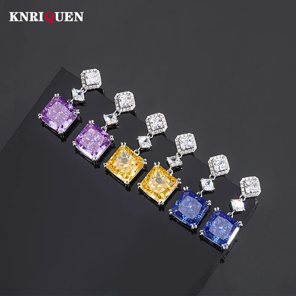 

Luxury 100% 925 Solid Silver Iced Cut 10*10mm Amethyst Sapphire Topaz Drop Earrings for Women Gemstone Wedding Fine Jewelry Gift