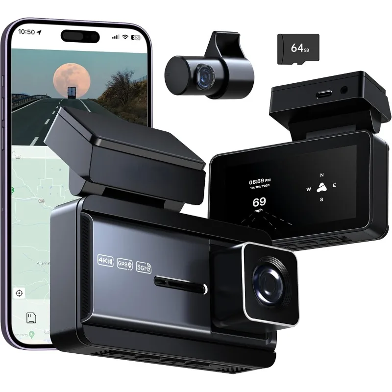 

4K Dash Cam Front and Rear, 64GB SD Card, Pelsee 4K+1080P Dual Dash Camera for Cars , APP & Voice Control