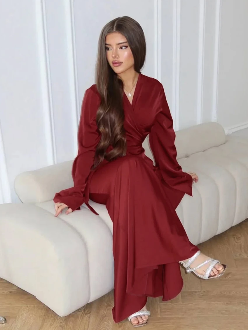 Marthaqiqi Fashion Ladies Nightwear Suit V-Neck Pajamas Long Sleeve Sleepwear Lace Up Nightie Long Skirts Women'S Nightgowns Set