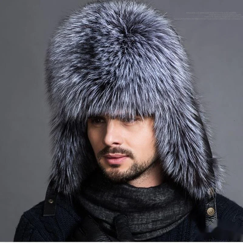 Real Fox Fur Hats Men\'s Winter Fur Bomber Hat Natural Raccoon Fur Snow Cap Luxury Russian Warm Hat For Men Earflap Ushanka Hat