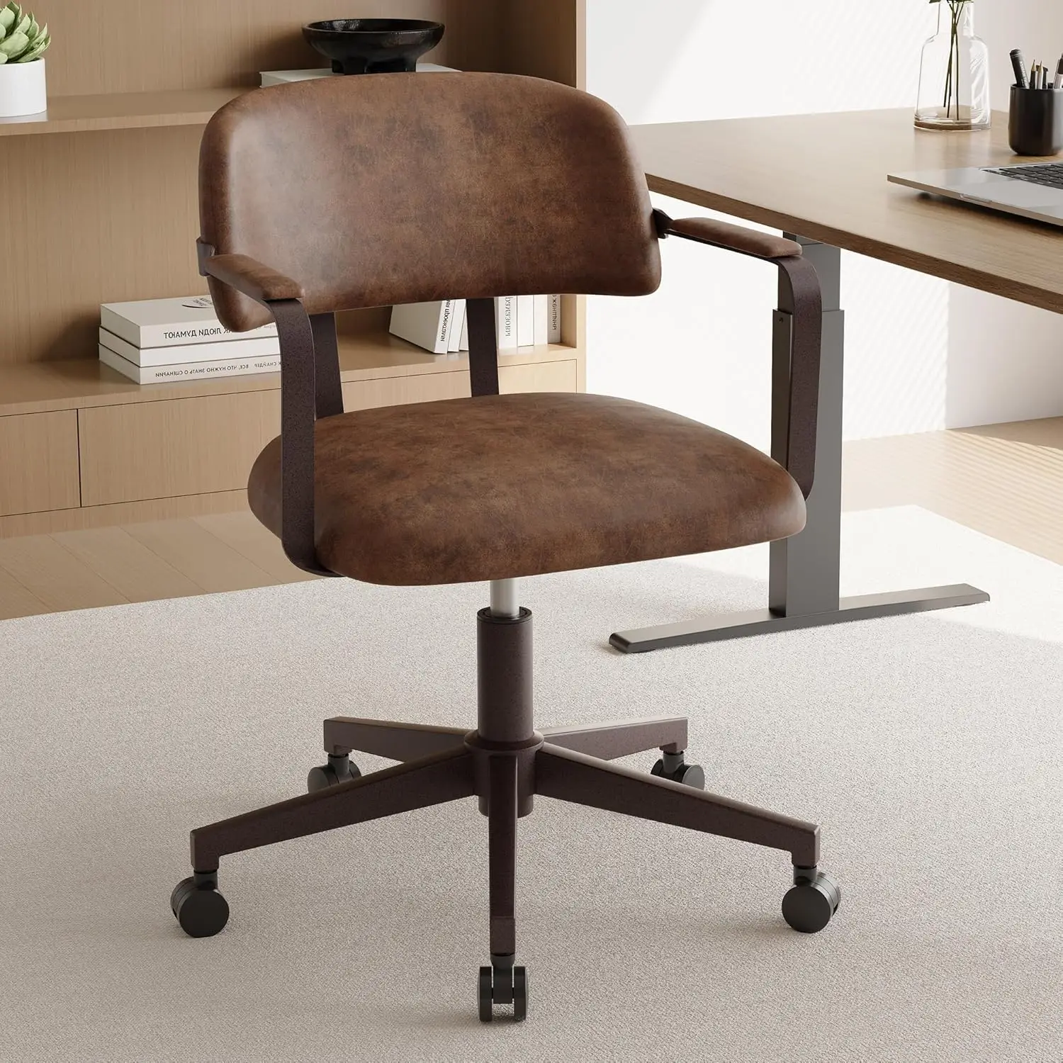 

Mid Century Retro Home Office Desk Chair with Back, Faux Leather Adjustable Height Rolling Swivel Computer Task, Customized