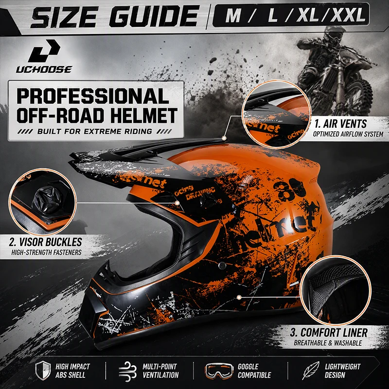 Casco de Motocross UCHOOSE, Casco Integral para Motocicleta Todoterreno, Casco para Motocross, ATV, Descenso y Carreras con Gafas de Motocross