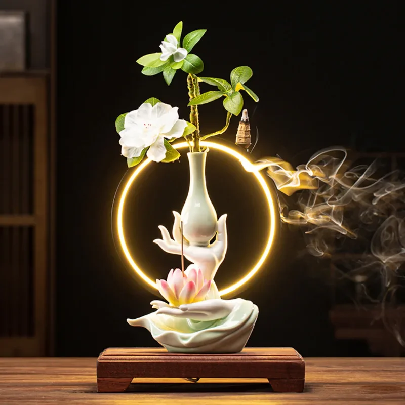 

Aloes Sandalwood Home Decor Living Room Office Desktop Incense Smoked Creative Ceramic Buddha Hand Lotus Of Smoke Waterfall