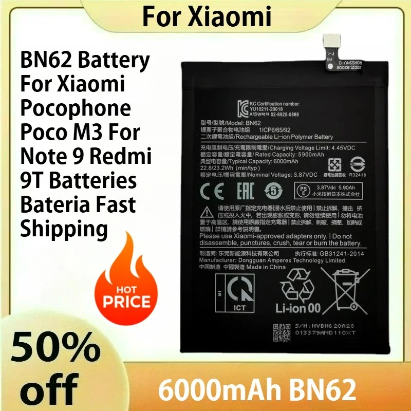 

For XiaoMi 6000mAh BN62 Battery For Xiaomi Pocophone Poco M3 For Note 9 Redmi 9T Batteries Bateria Fast Shipping