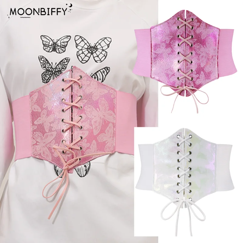 Gothic Wide Elastic Underbust Butterfly Printed Corsets for Women PU Leather White Pink Gorset Belt Top Waist Trainer Y2k Belt