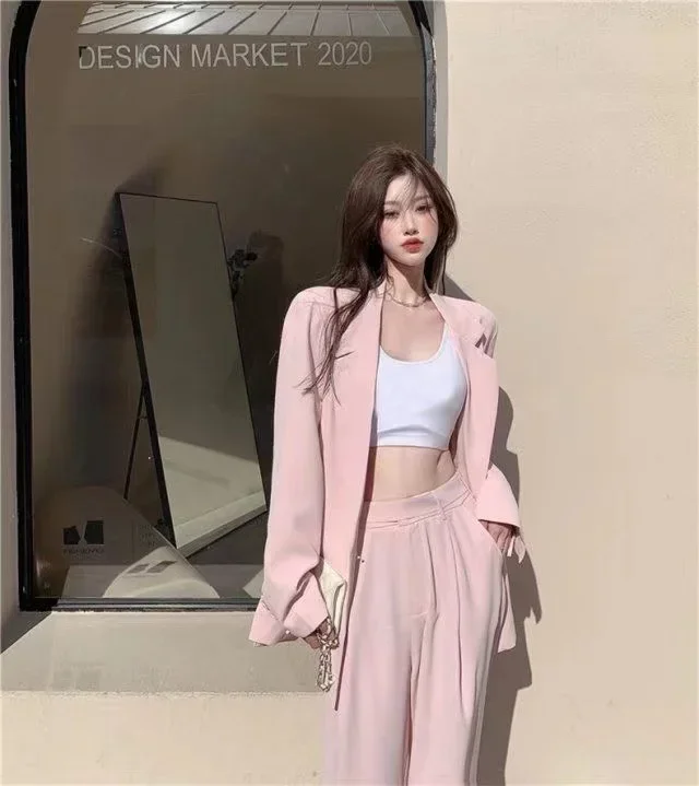 Korean Fashion Pink Jacket Suit Blazer and Pants Two Pieces Set for Women Office Lady Casual Autumn Winter Casual Clothing 2024