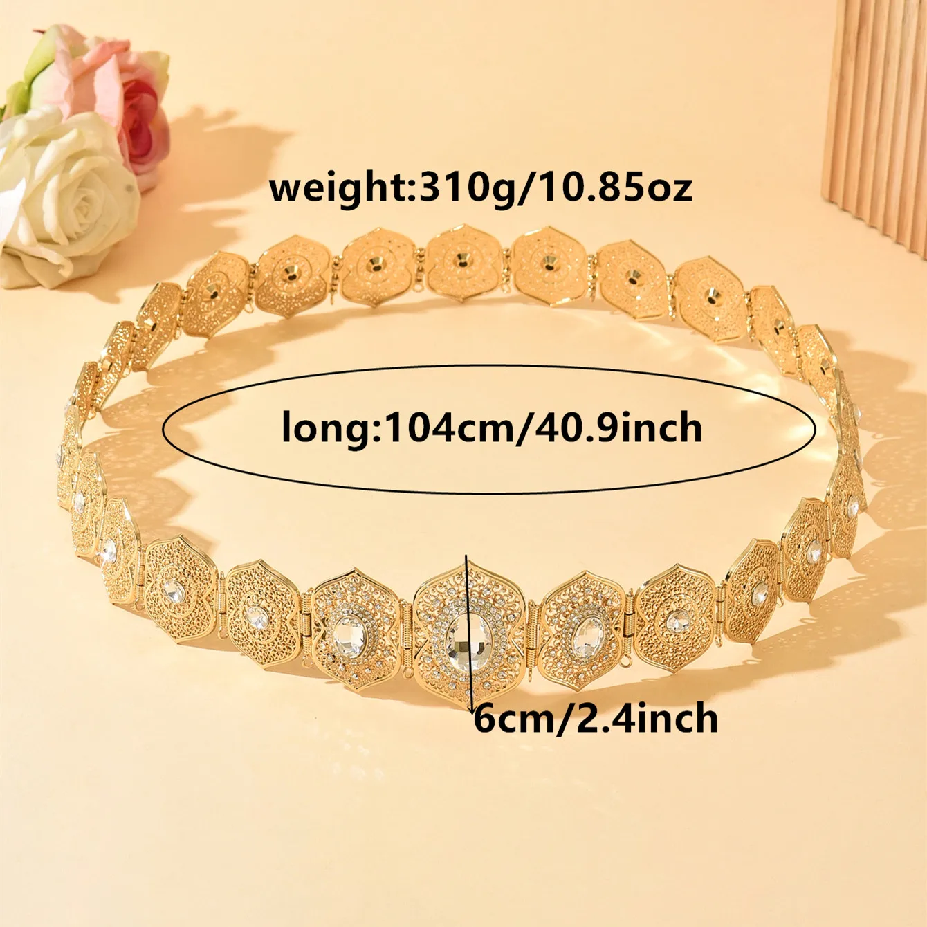 حزام تخريمية ذهبي فاخر لحفلات الزفاف - إكسسوار مميز بالكريستال المتلألئ مع نمط معقد لمظهر زفاف مذهل