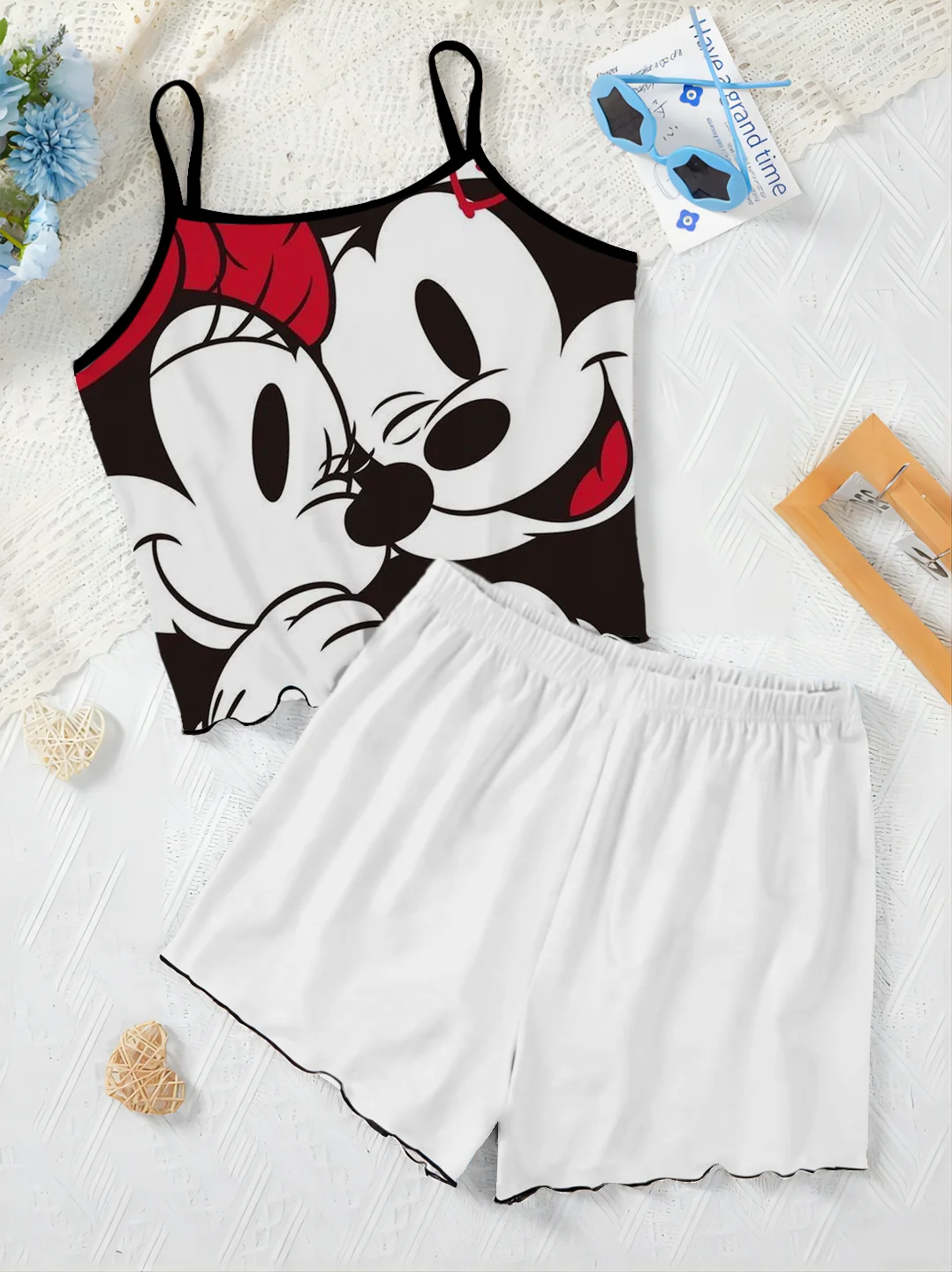 Mickey Elegant Women's Sets for Women 2 Pieces Slip Dress T-shirt Top Pajama Skirt Minnie Mouse Lettuce Trim Disney Short Suit