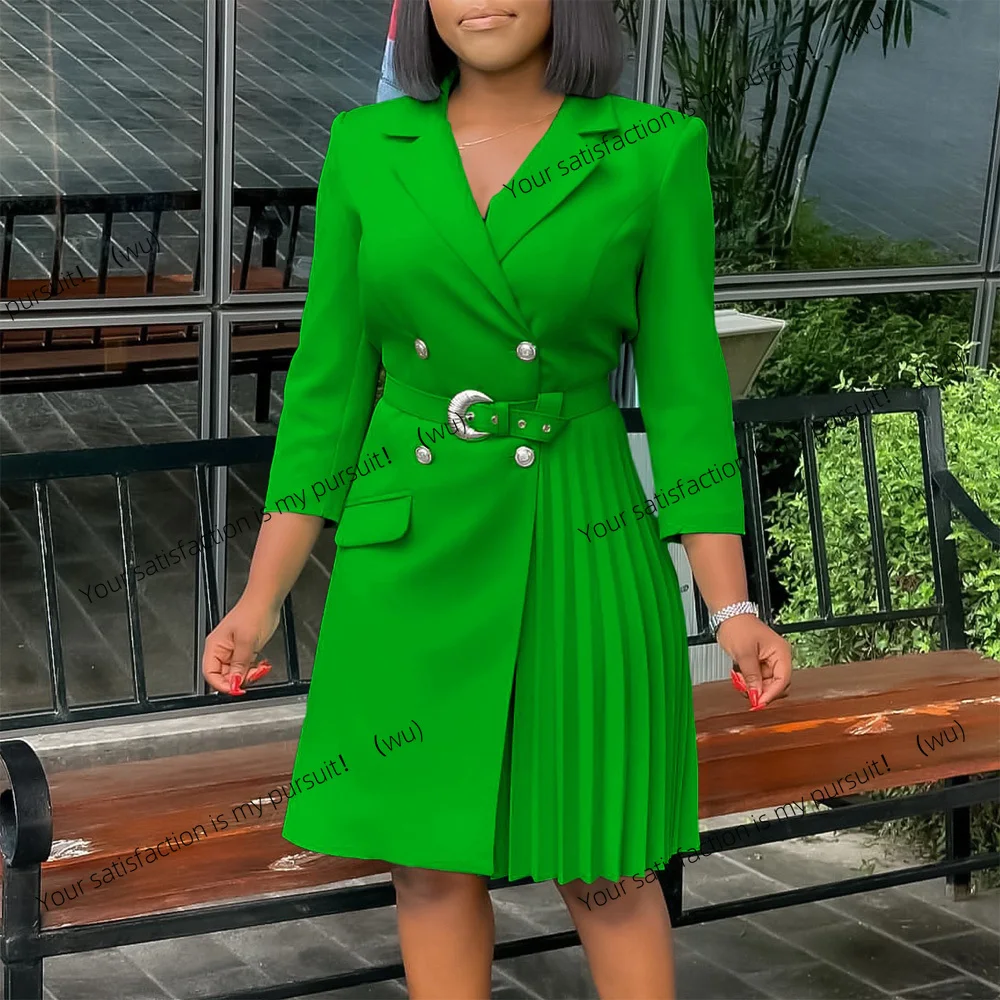 

Элегантное женское платье, пояс с длинными рукавами и плоским вырезом, модное плиссированное платье до середины икры, однотонное.