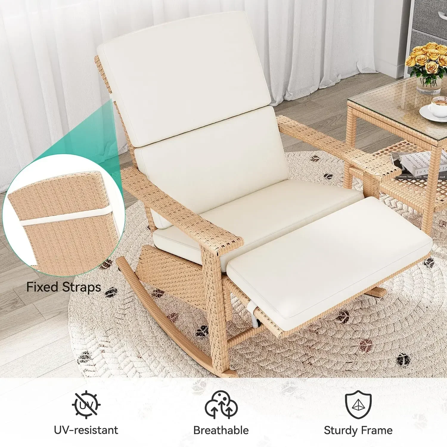 Pátio Rocking Chair Set, Mobília ao ar livre, Cadeiras de vime Adirondack, Mesa de vidro, 3 pcs