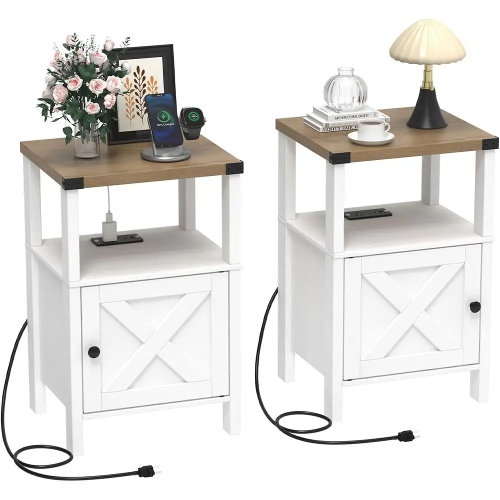 Nightstands with Charging Station, Rustic Vintage Side End Table, Wood Side Table with Barn Door, Bedroom Living Room Set of 2,