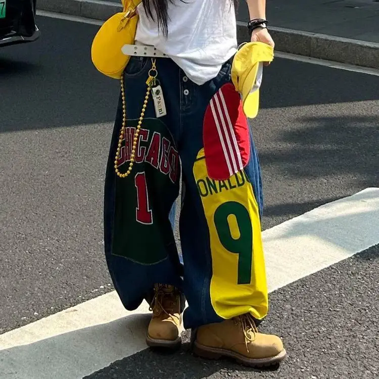 

American Style Big Size Splicing Loose Women Jeans Y2K Loose Casual High Waist Harajuku Hip Hop Men and Women Jeans Gothic Pants