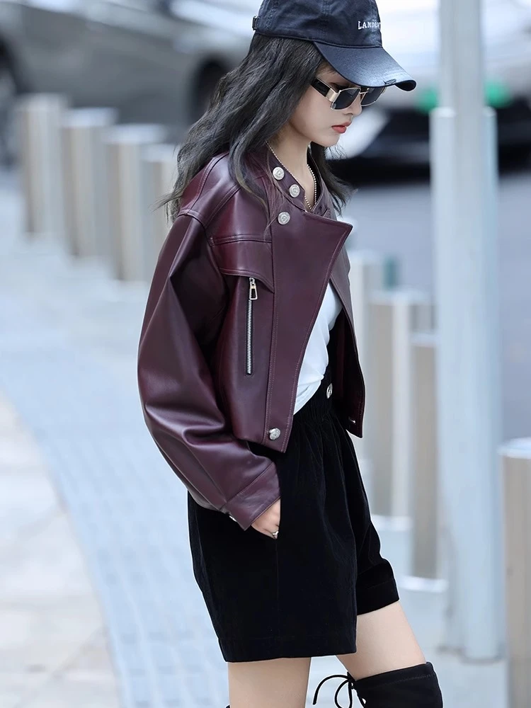 Casual Short Genuine Leather Motorcycle Jackets for Women Spring Autumn High-end Simple Stand Collar Soft Real Sheepskin Coat