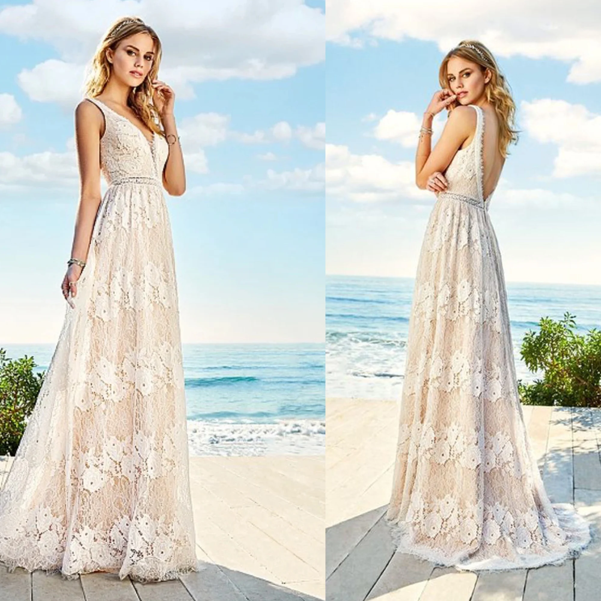 Luxury and elegant lace wedding party dress for women, sleeveless V-neck, sexy knit bridal gown, evening gown