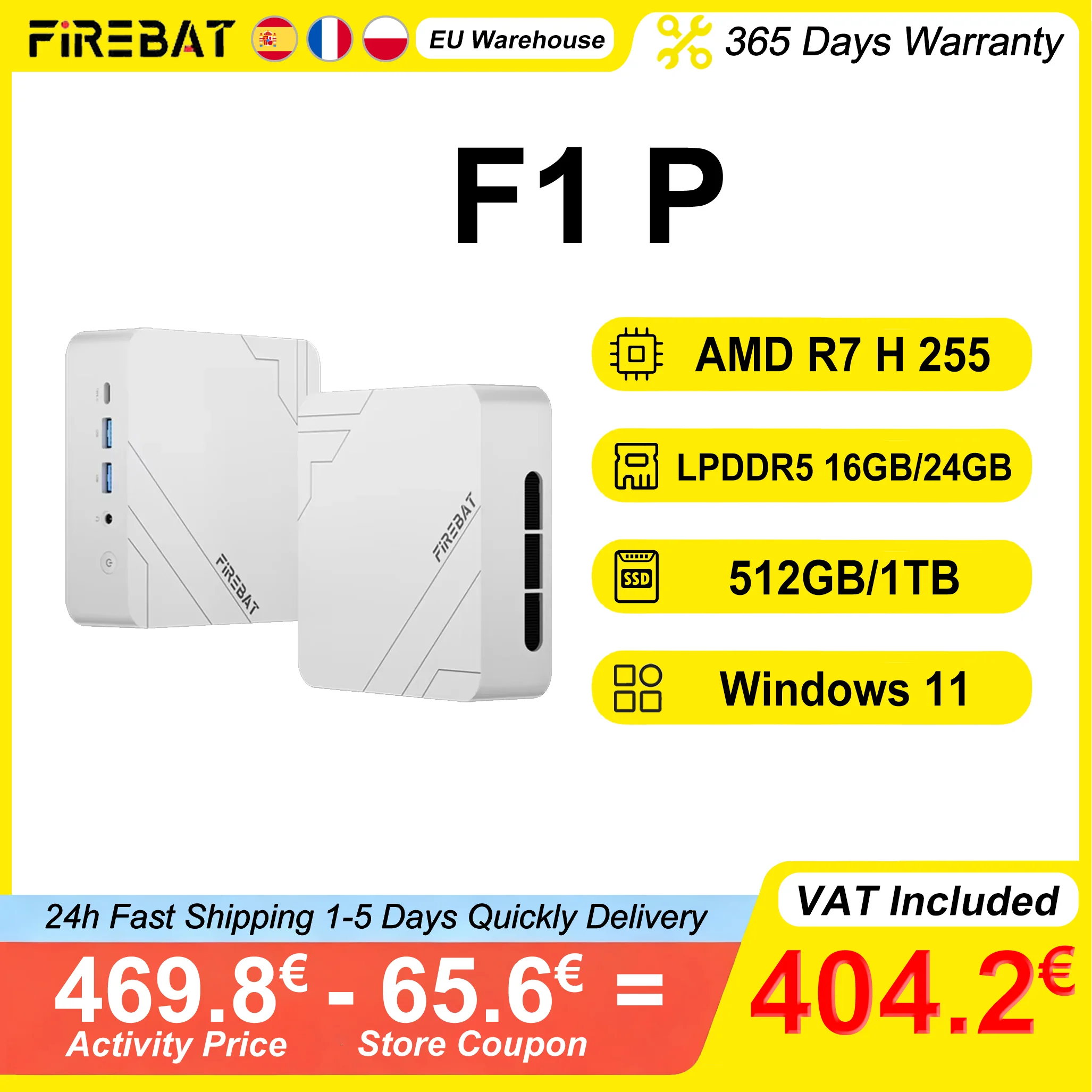 FIREBAT F1 P Mini-PC 16GB/24GB LPDDR5 5600MHz 512GB/1TB SSD AMD Ryzen 7 H 255 Win11 Pro Wi-Fi 6 BT5.2 USB4.0 Gaming Desktop Mini-Computer