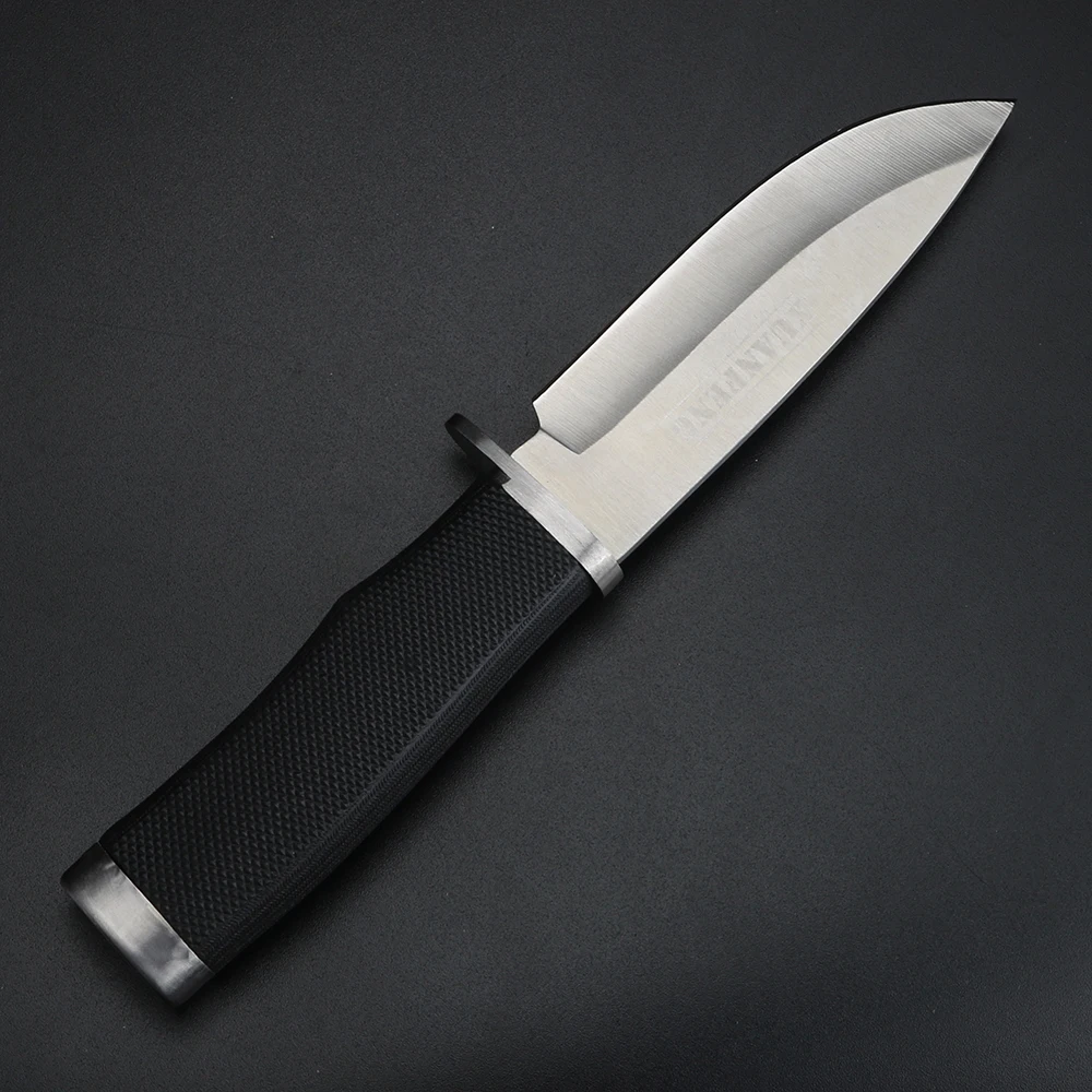 Cuchillo de hoja fija con mango de goma, cuchillo de caza de alta dureza, herramienta EDC multifuncional para acampar