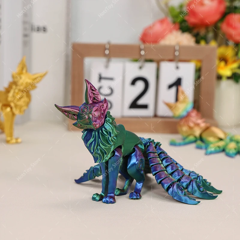 3D Printed Nine-Tailed Fox Movable Joint Simulation Fox Action Figure Creative Articulated Animal Desktop Ornament New Year Gift