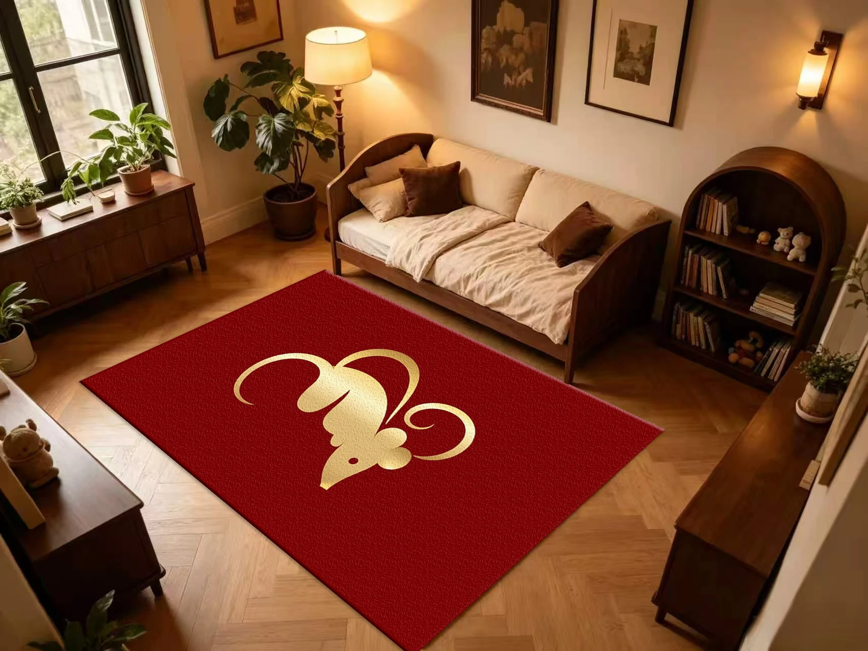 Golden Chinese Zodiac Rat Art Carpet Flooring, Luxury Golden Red Non-Slip Area Rug for Home Living Room Bedroom Floor Decor