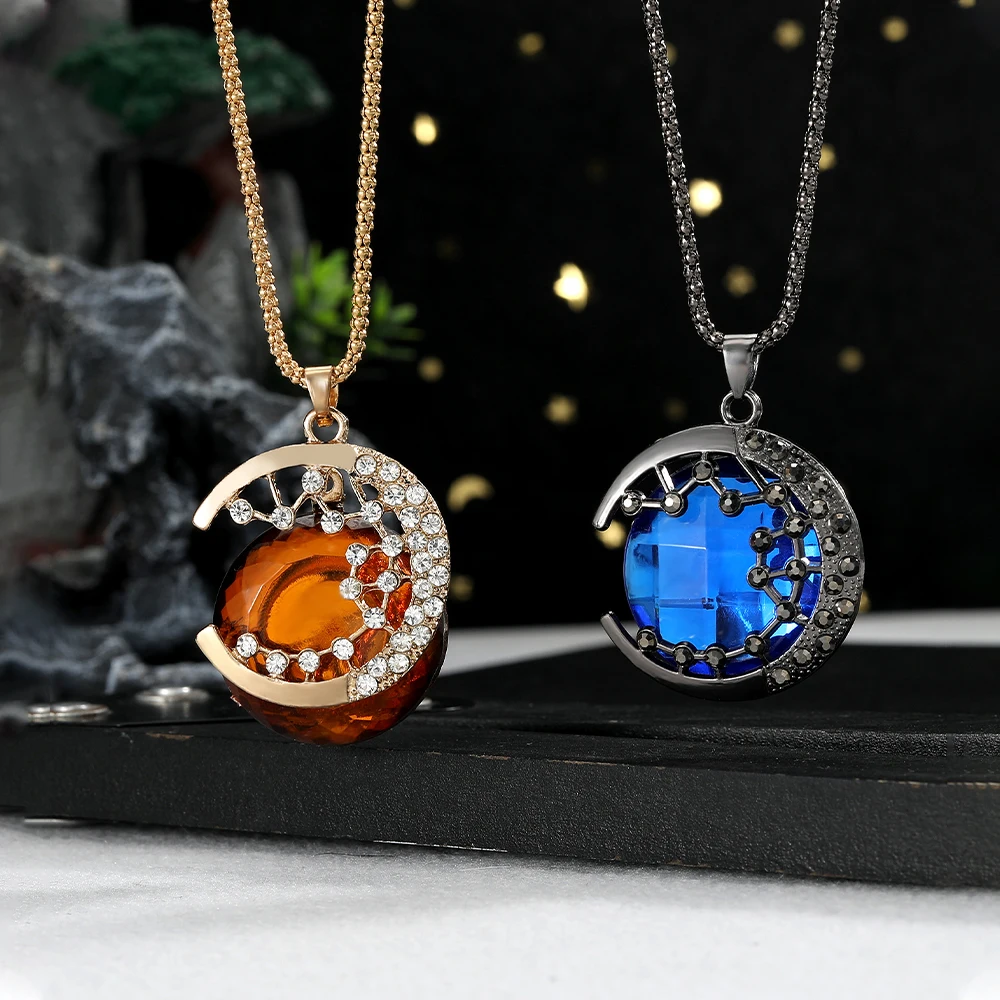 Blue Tawny Colors Crystal Moon Shaped Pedant Necklace Popcorn Chain