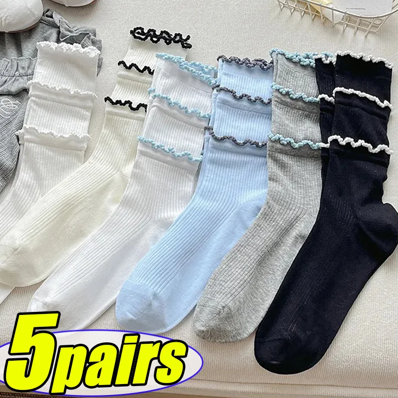 

1/5pairs Women Korean Blocked Socks Bowknot Thin Stacked Fashion Summer Cotton Sock Fashion Bow Lettuce Edge Round Neck Socks