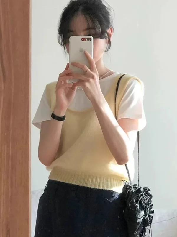 

Smoid Ounce25 Spring Summer Sweet Casual Large U Neck Pink Knitted Color Strap Vest Layering Korean Style Slim Fit Short