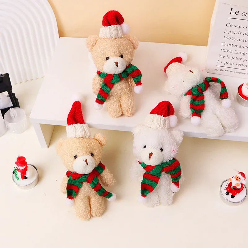 10pcs Christmas Bear Plush Dolls Ornaments with Red & Green Scarves Cute Keychain Charms Pendants for Holiday Gifts Decorations