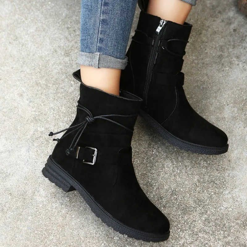 Women's Short Booties Round Toe Low Heel Suede-Look Side Zipper Strap Buckle Detail Wraparound Tie Casual Daily Wear Ankle Boots