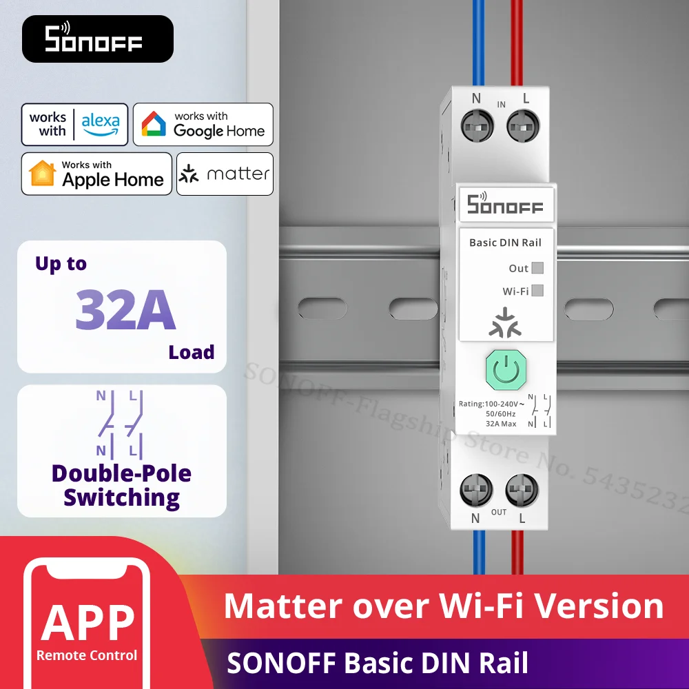 SONOFF BASIC-1GSP Basic DIN Rail Version Matter sur Wi-Fi, Charge 32A, Suivi des factures d'énergie, Compatible Apple Home