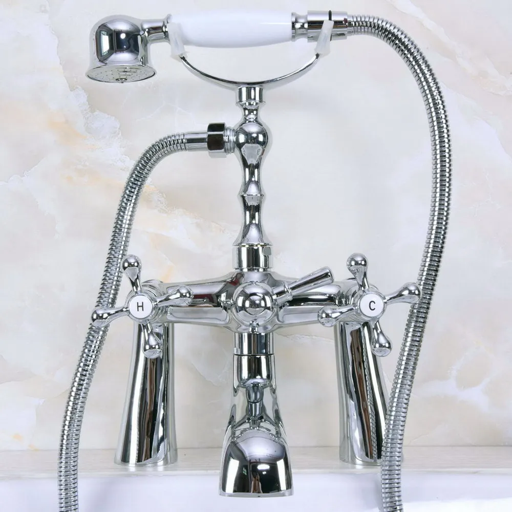 

Chrome Telephone Style Deck Mount Clawfoot Tub Faucet w/ Handheld Shower Bath Tub Mixer Tap Lna125