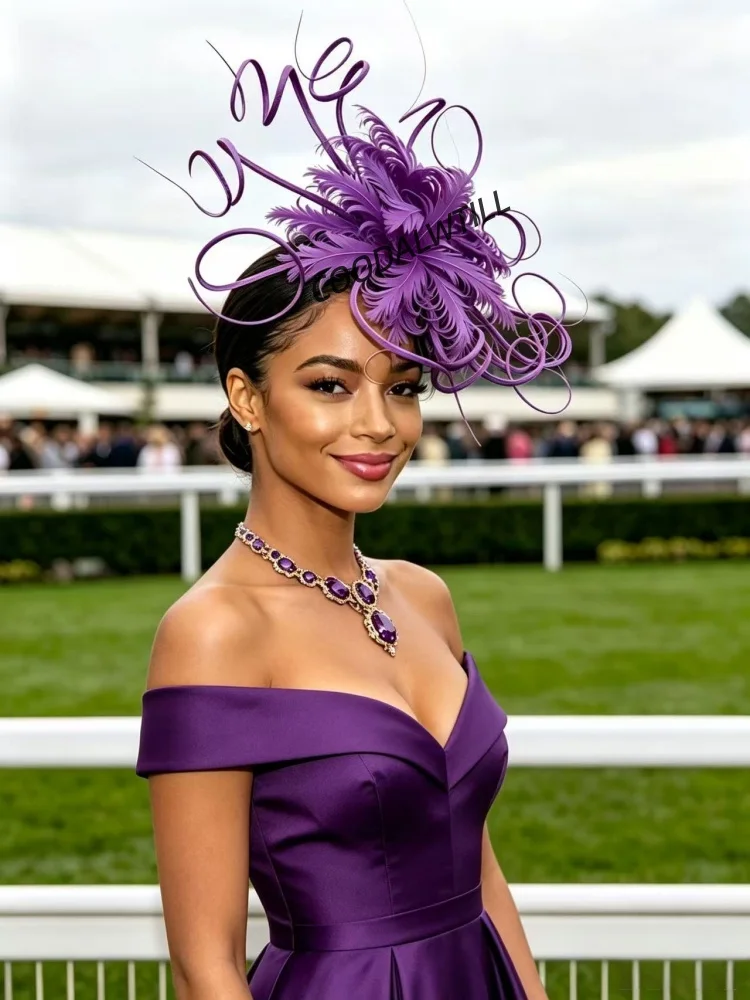 黄色の大きな羽根飾り付きカーリークリノリンヘッドバンド、ロイヤルアスコット競馬の日、結婚式、パーティー用ヘッドウェア、女性用フォーマルな場面に