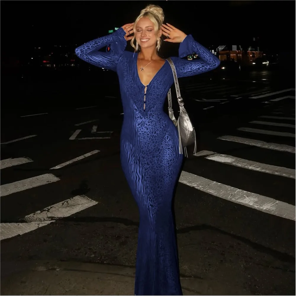 

Leopard Print Dress Spring Autumn New Women's Sexy Deep V-neck Slim Mesh Long-sleeved Dress Elegant Party Dresses Ropa Mujer