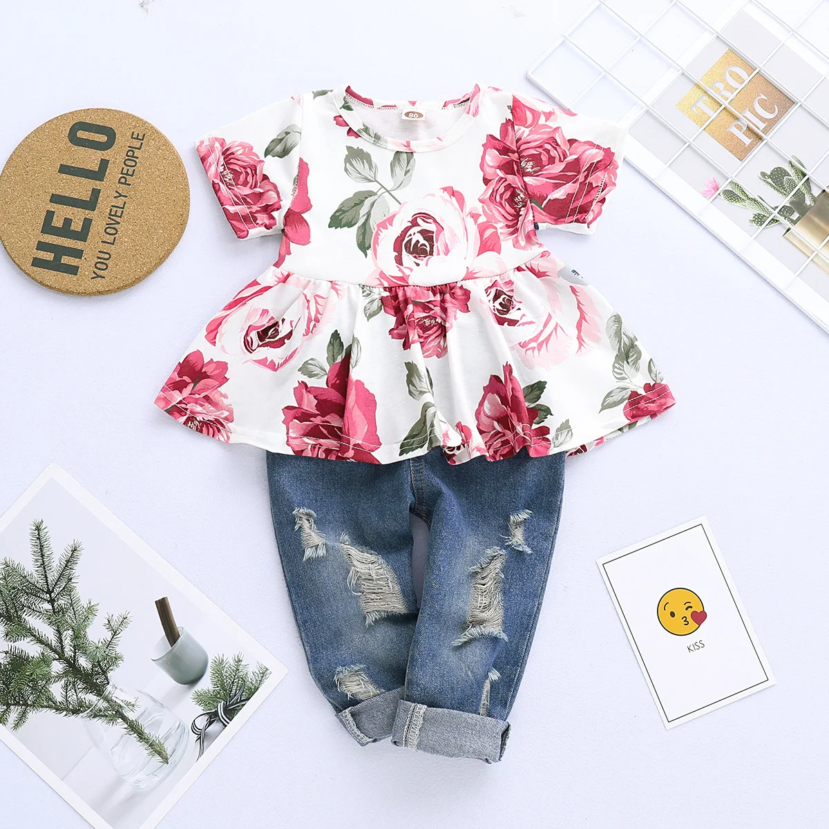

Winter Infant Baby 0-3 Years Old Girls Flower Print Short Sleeved And Jeans Casual 2-Piece Set