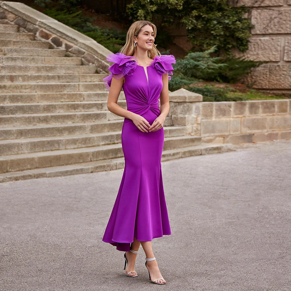 Purple Mermaid Mother of The Bride Dress Women Round Neck Pleat Simple Ankle Length Stretch Wedding Guest Gown Party Dresses